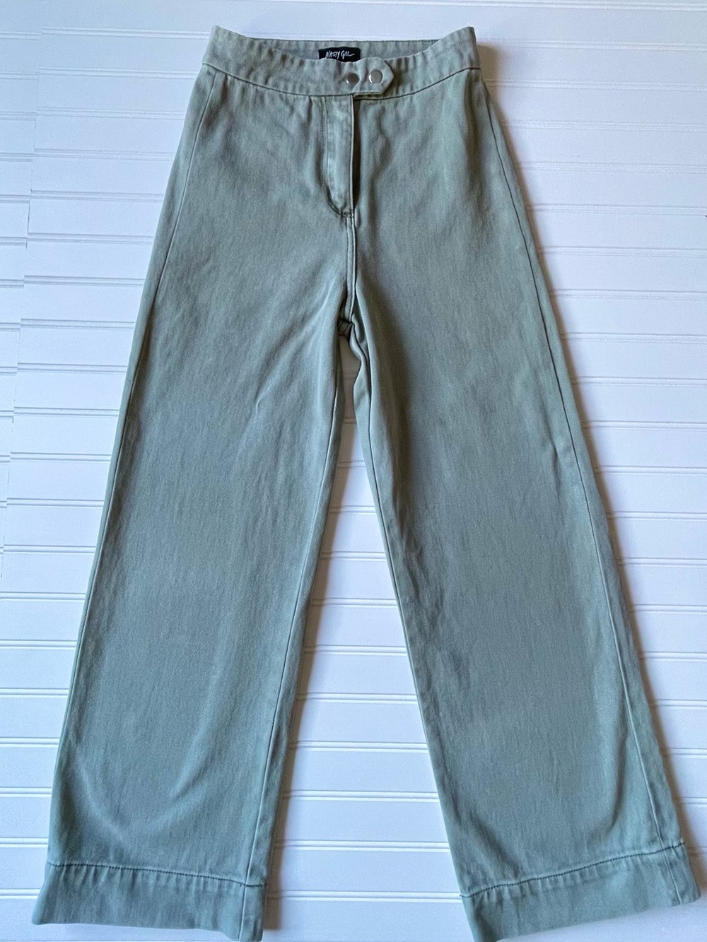Nasty Gal Sage Khaki Green Wide-Leg Trouser Jeans High Rise Culotte Crop Sz UK 8